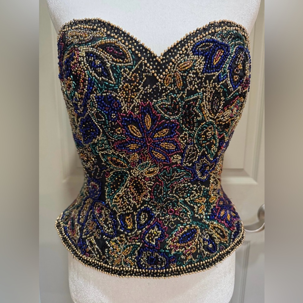 Vintage ~ OLEG CASSINI ~ BLACK TIE ~ Stunning Silk Beaded Bustier Top Sz S